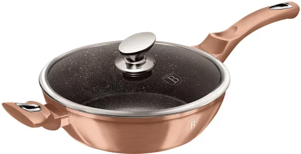 Berlinger Haus 28cm Marble Coating Deep Fry Pan - Rose Gold Metallic Line Pan with Lid 3.8 L capacity